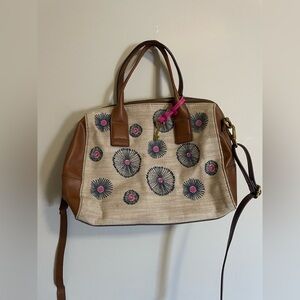 Fossil Brown and Tan Satchel with Pink Floral Accents